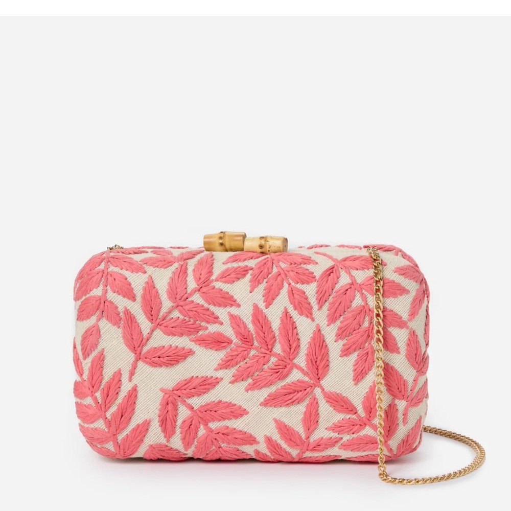 J. McLaughlin Pink Lily Clutch in Leaf Sketch Embroidery